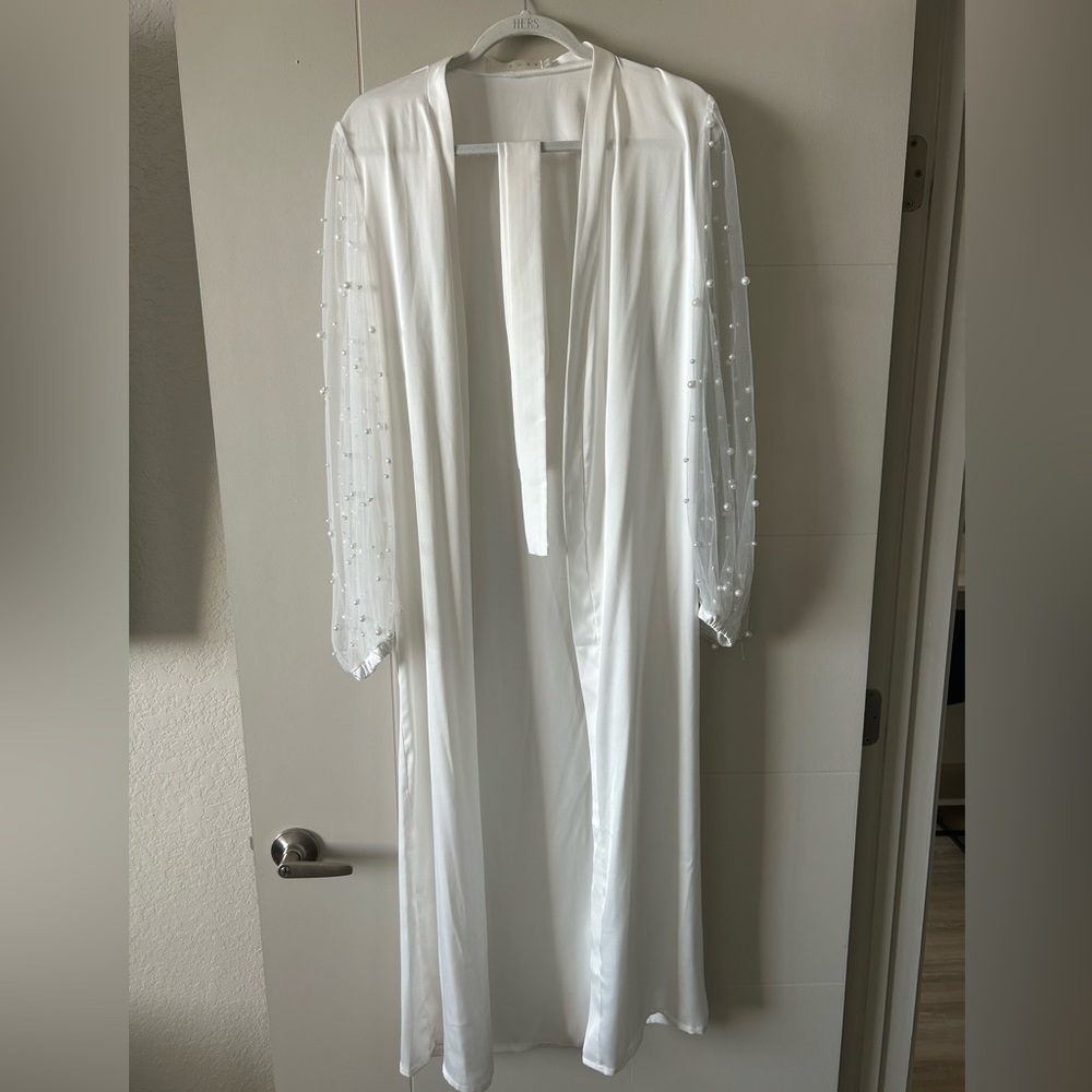 The Robe- long white satin with pearl sleeves